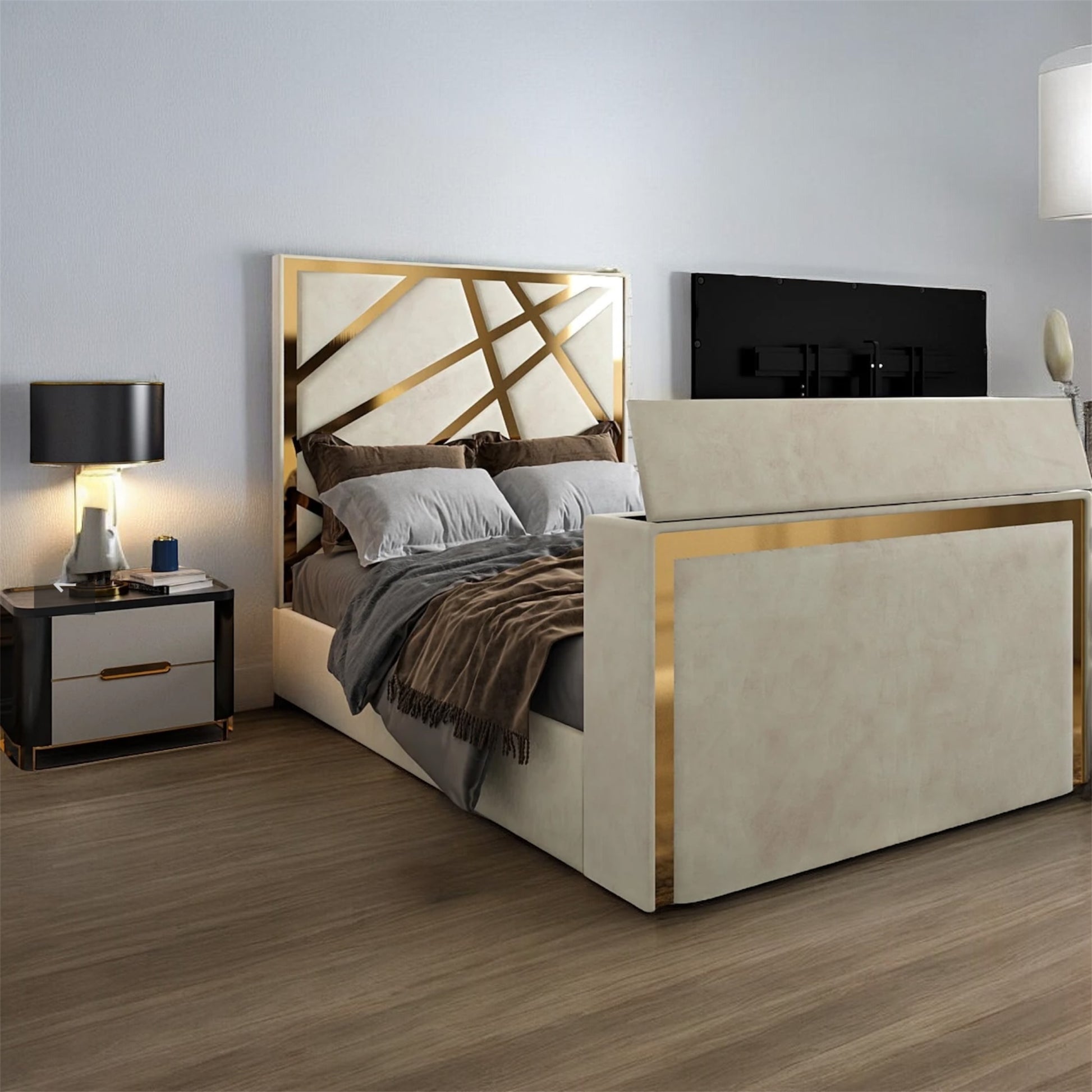 Starlight TV Bed in Plush Velvet with Gold Trim Optional Ottoman Storage