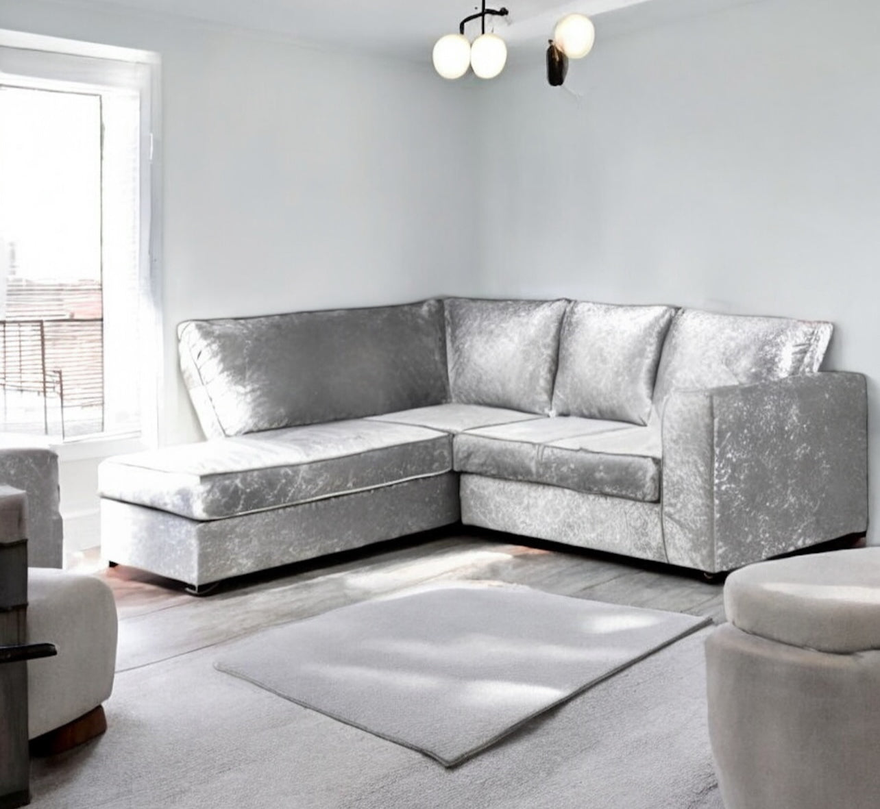 SILVER CRUSHED VELVET FULL BACK L SHAPE CORNER SOFA