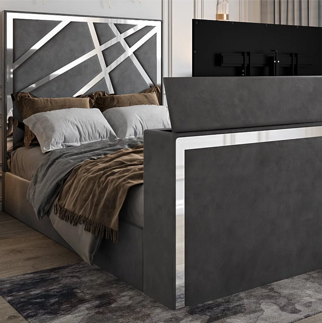 Starlight TV Bed in Plush Velvet with Gold Trim Optional Ottoman Storage