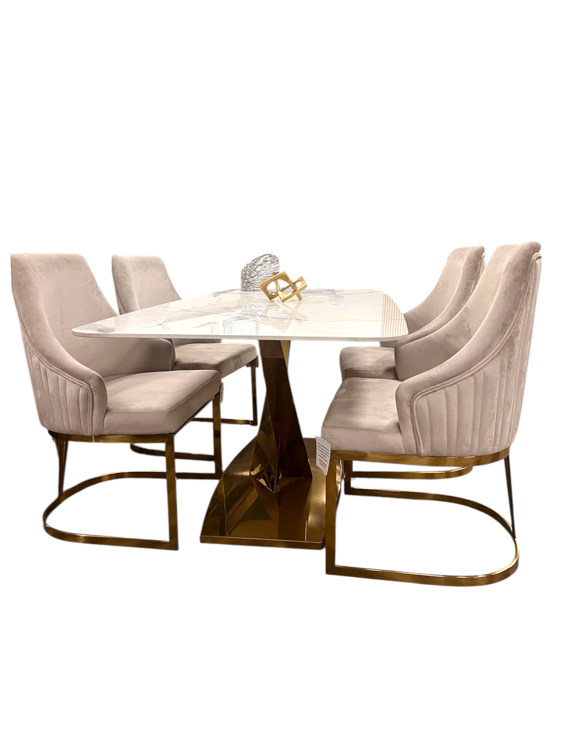 Zoe 180cm - White Silver Stone Marble Dining Table In Gold & including 4 Velvet Chairs