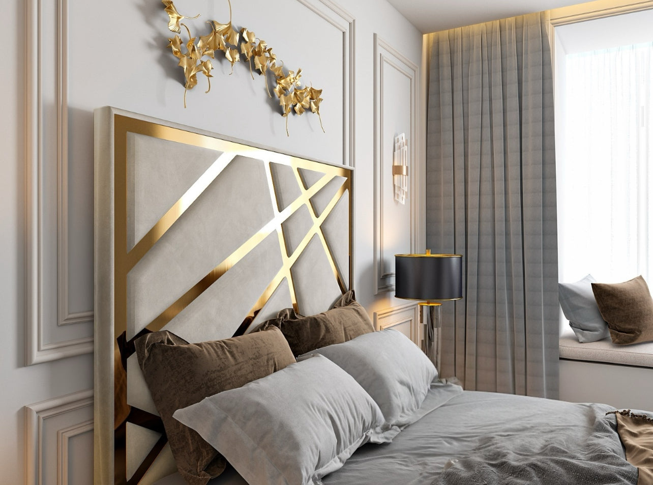 Starlight TV Bed in Plush Velvet with Gold Trim Optional Ottoman Storage