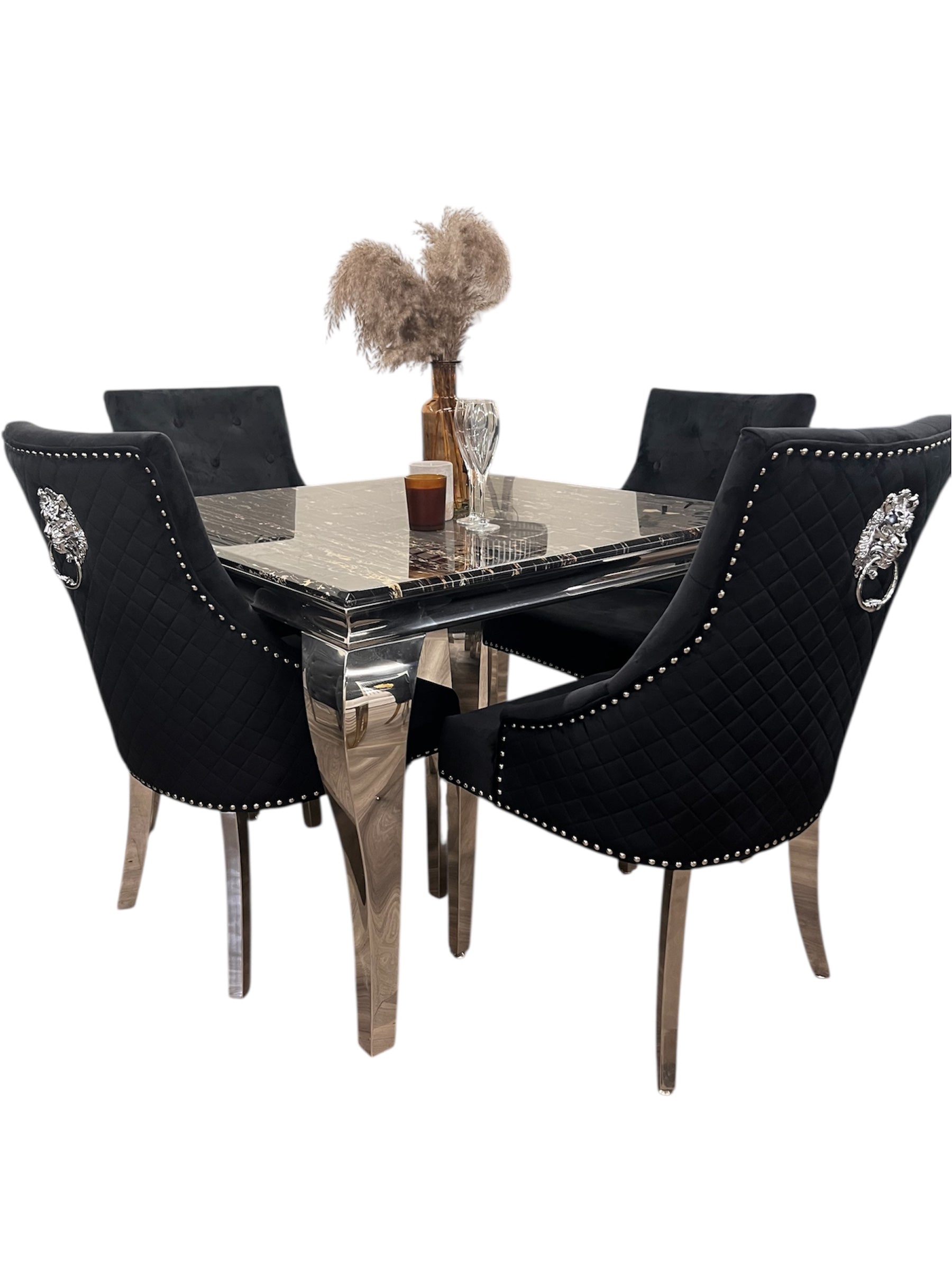 Sofia 4 Seater Grey Marble Table & 4 Lion Knocker Back Velvet Dining Chairs