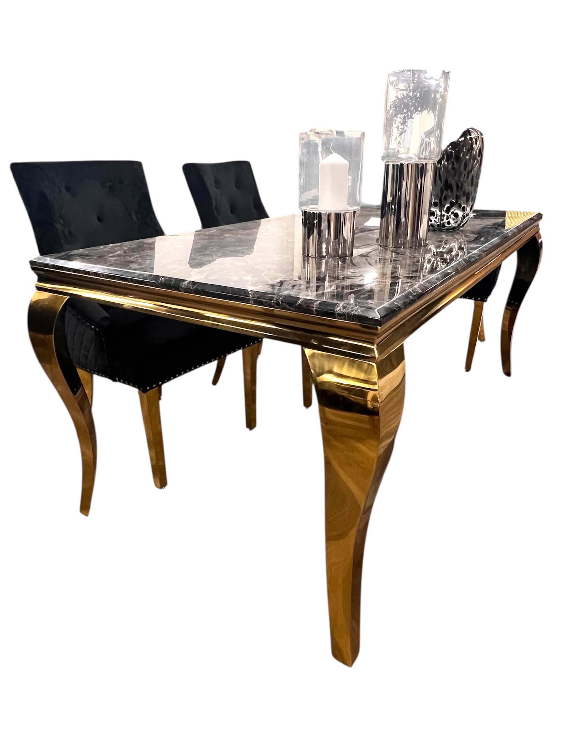 Sofia 4 Seater Grey Marble Table & 4 Lion Knocker Back Velvet Dining Chairs