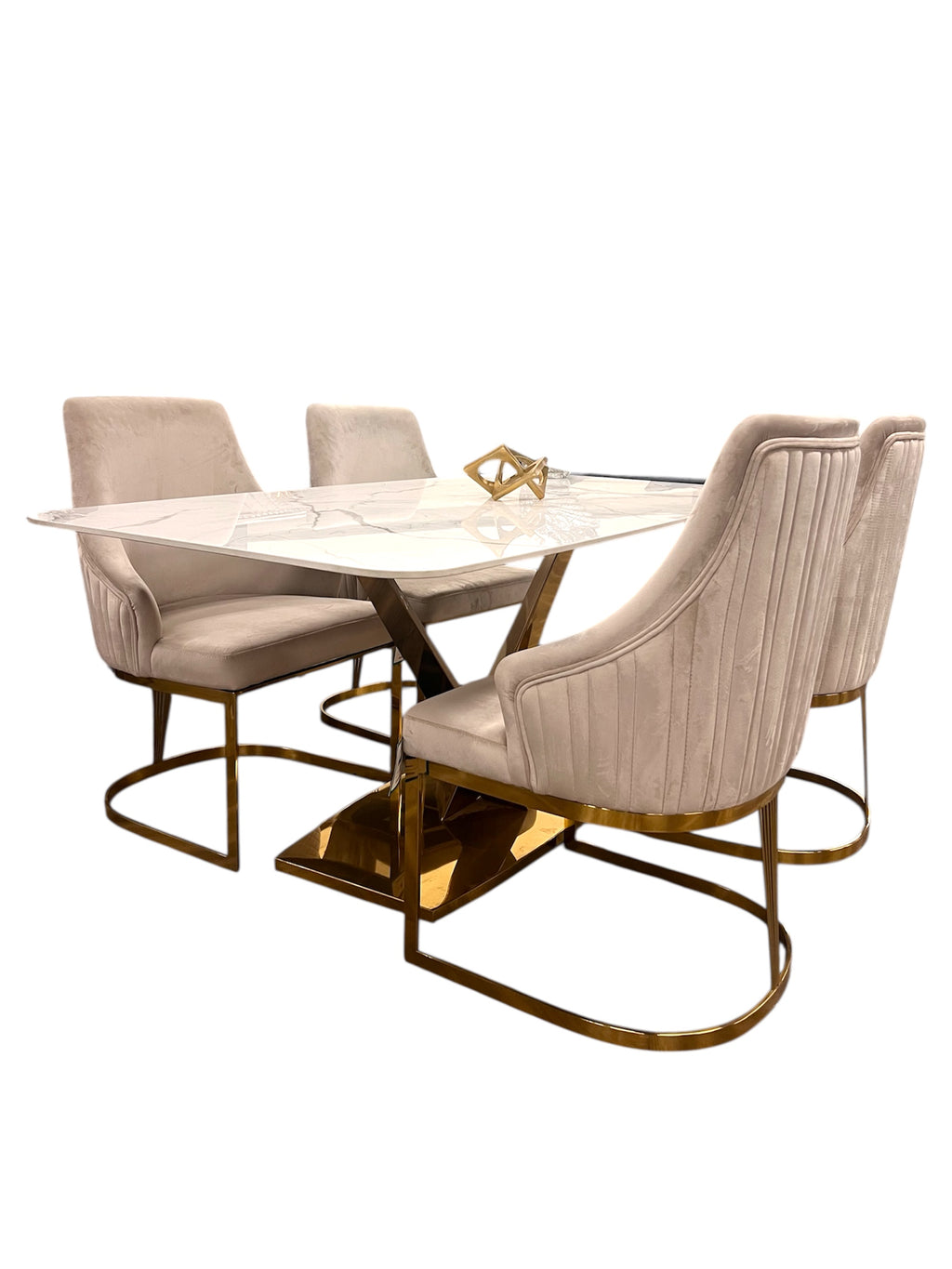 Zoe 180cm - White Silver Stone Marble Dining Table In Gold & including 4 Velvet Chairs