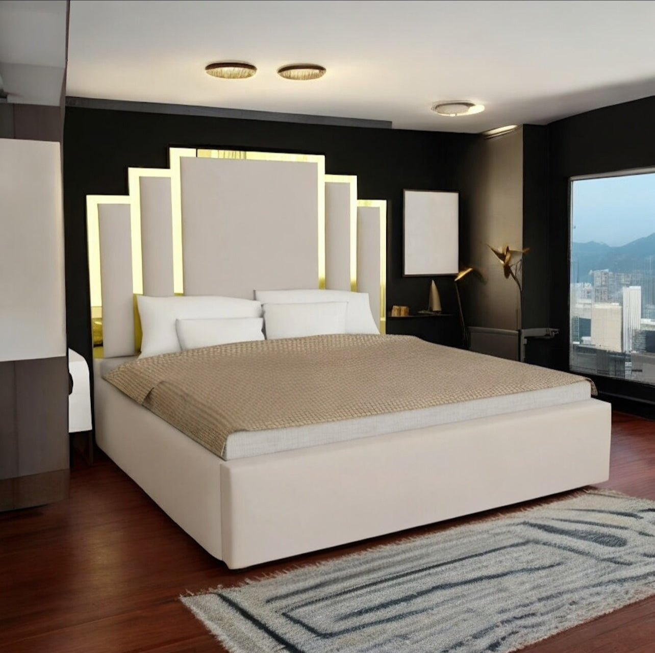 Luxury Art Deco Bed With Gold Trim TV Bed Option & Ottoman Storage