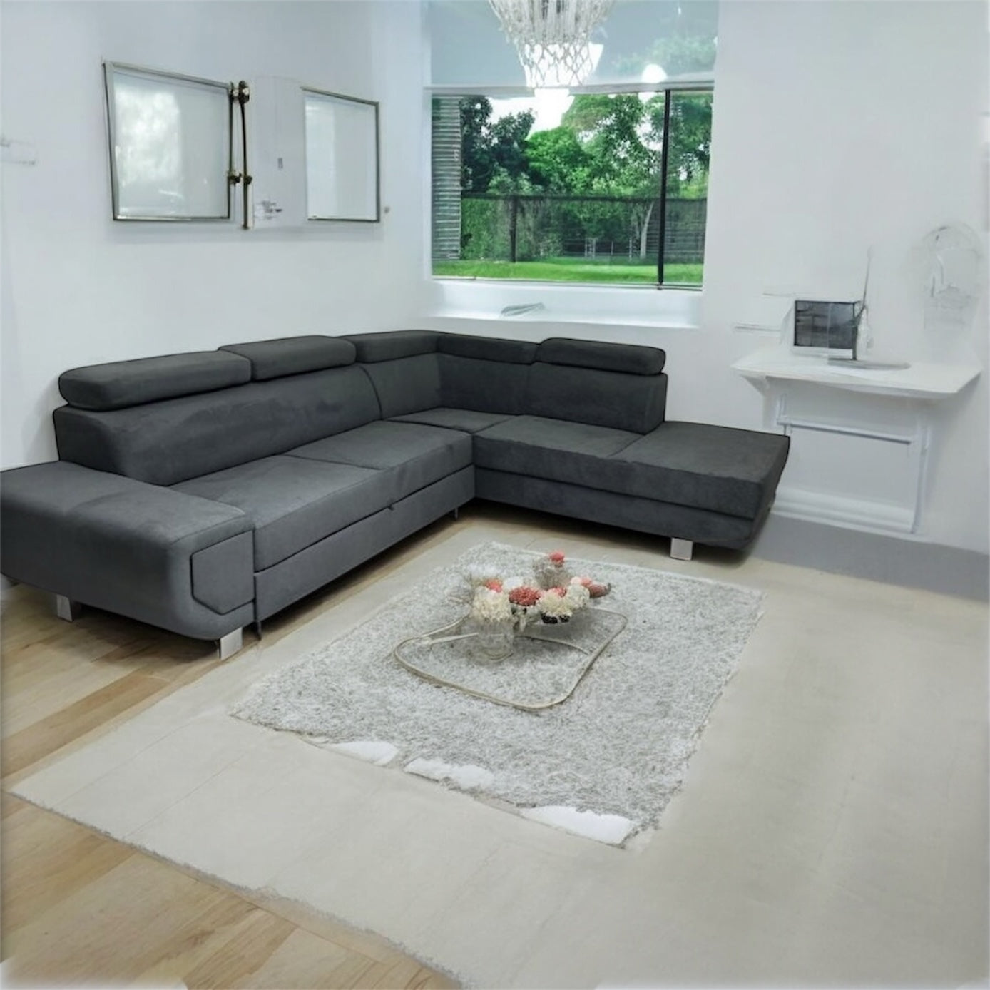 Graceland Corner Sofa Bed & Storage in Graphite Chenille