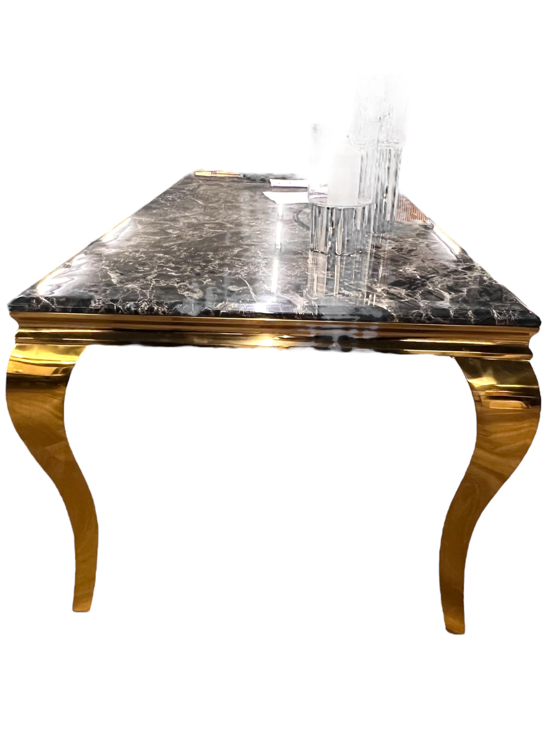 Sofia 4 Seater Grey Marble Table & 4 Lion Knocker Back Velvet Dining Chairs