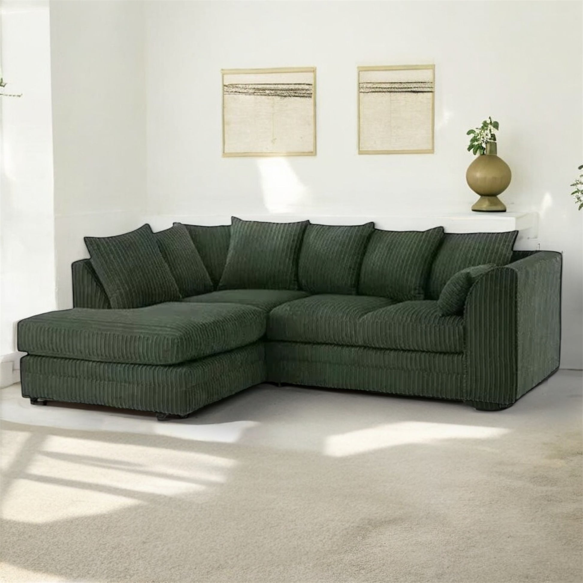 Forest Green - Jumbo Cord 3+2 Seater - Corner Sofa Suite Set - Footstool & Swivel Chair