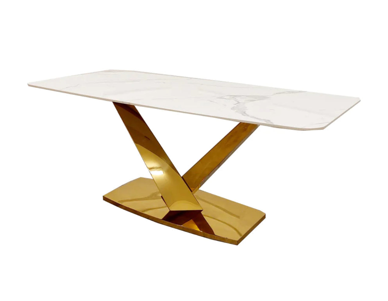 Zoe 180cm - White Silver Stone Marble Dining Table In Gold & including 4 Velvet Chairs