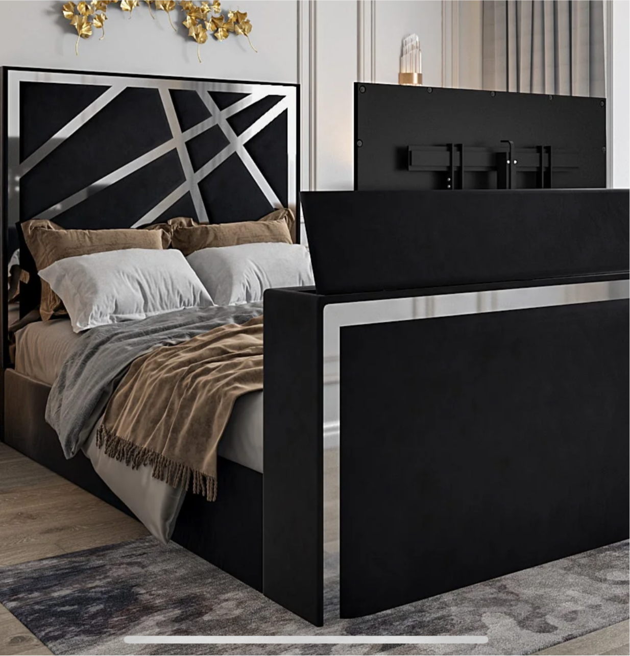 Starlight TV Bed in Plush Velvet with Gold Trim Optional Ottoman Storage