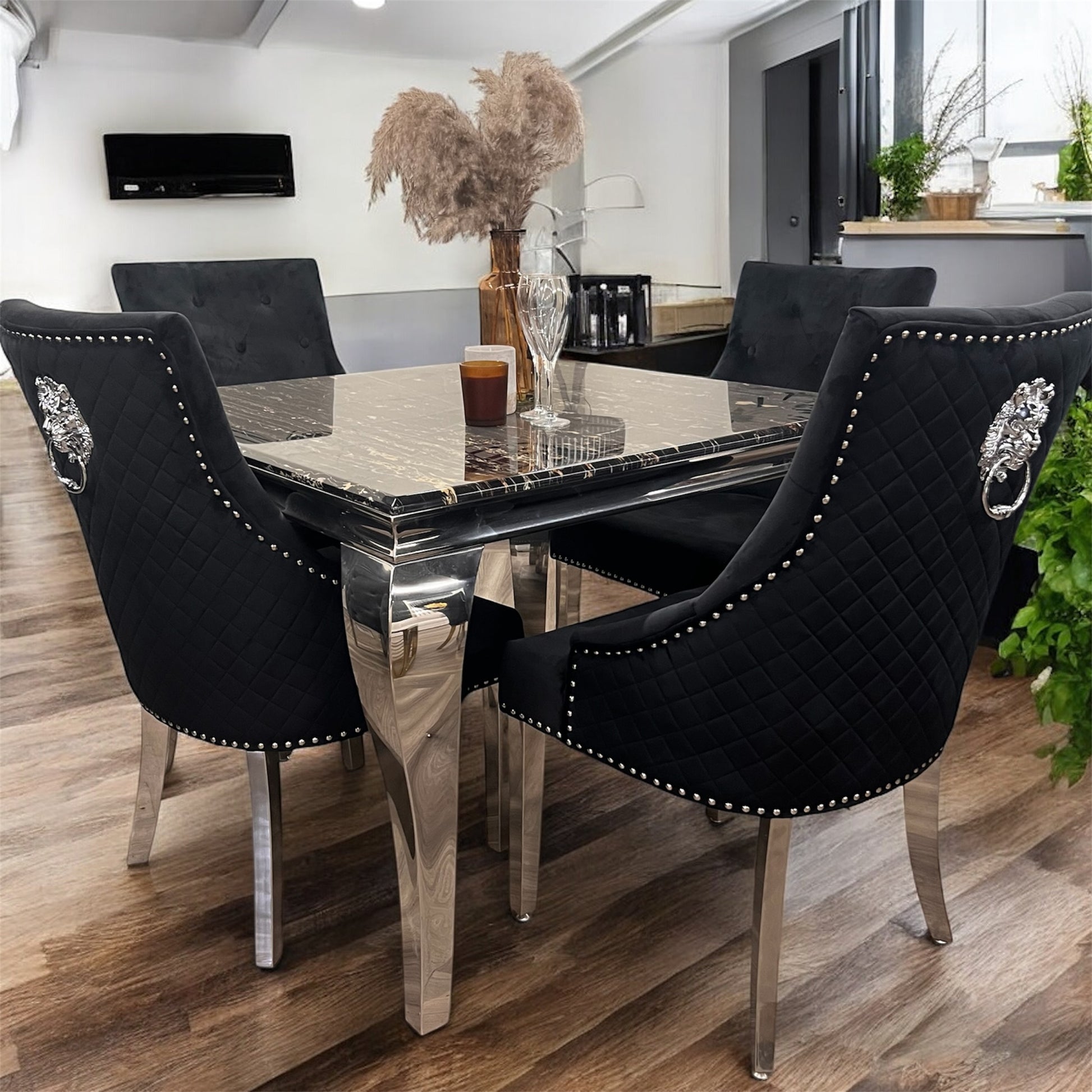 Sofia 4 Seater Grey Marble Table & 4 Lion Knocker Back Velvet Dining Chairs
