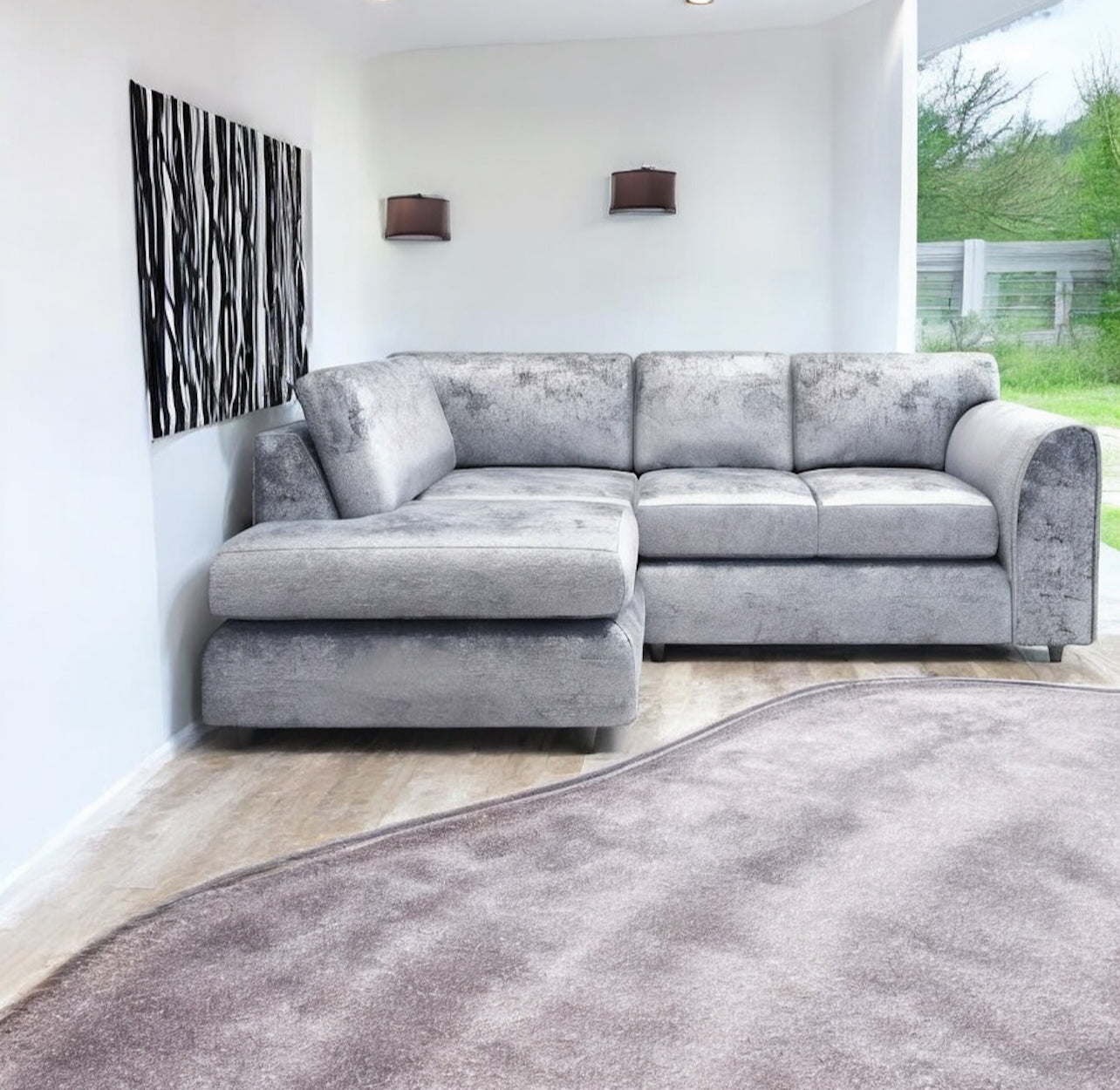 SILVER CRUSHED VELVET FULL BACK L SHAPE CORNER SOFA